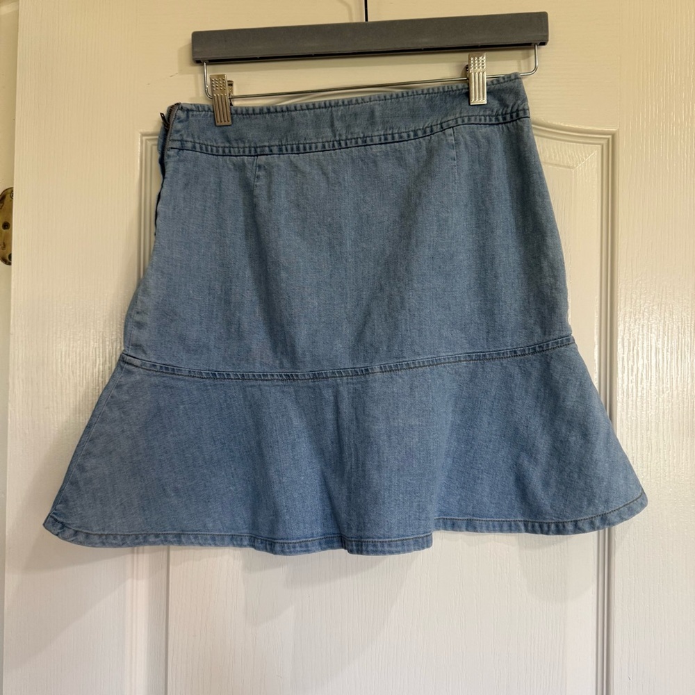 Theory Denim Mini Skirt Size 2 Blue Flare Ruffle Hem Zip Side Lightweight denim